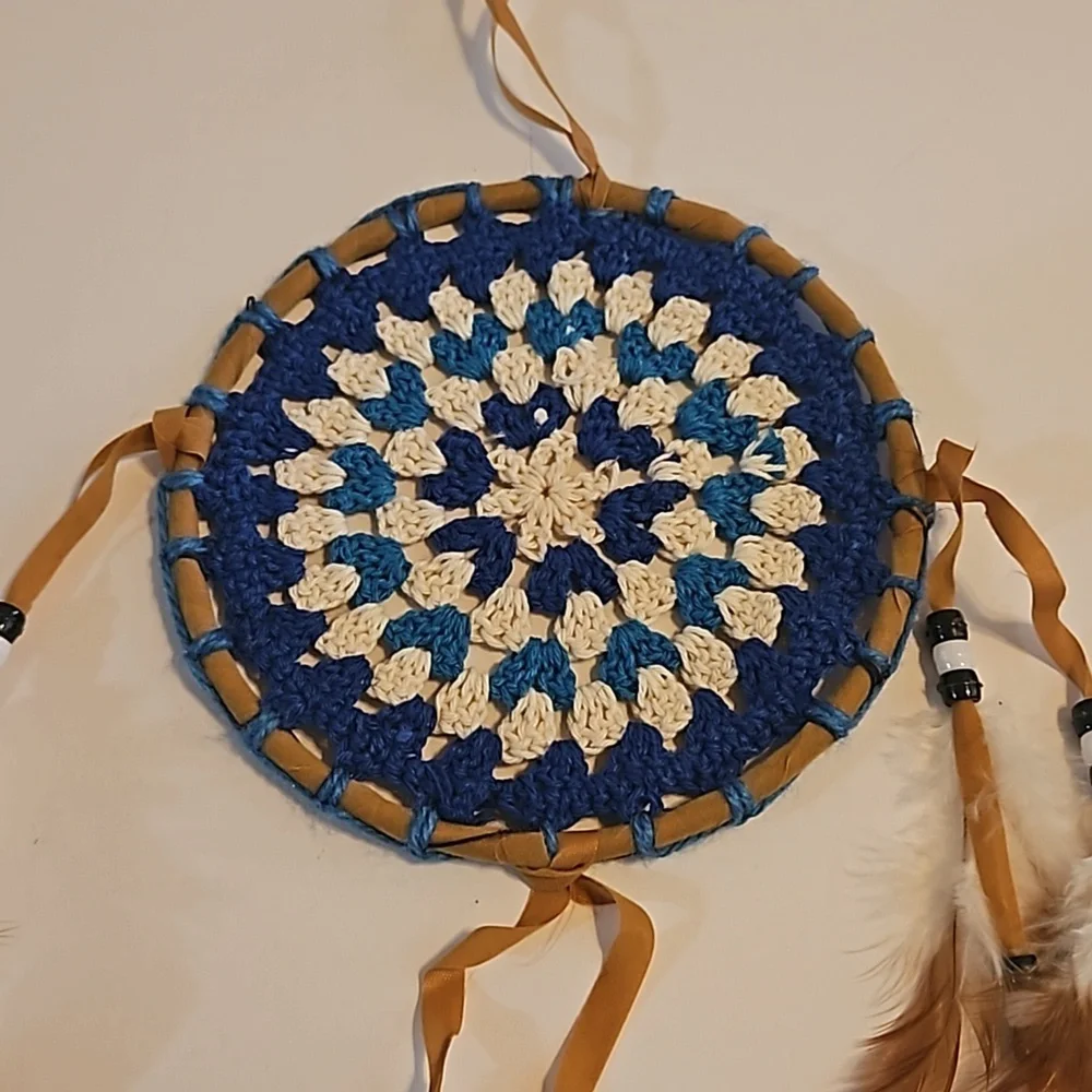 Hand Crafted crochet floral dreamcatcher blue eclectic textile arts wall decor